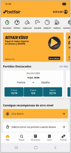 Betfair app home with the Betfair Vídeo banner