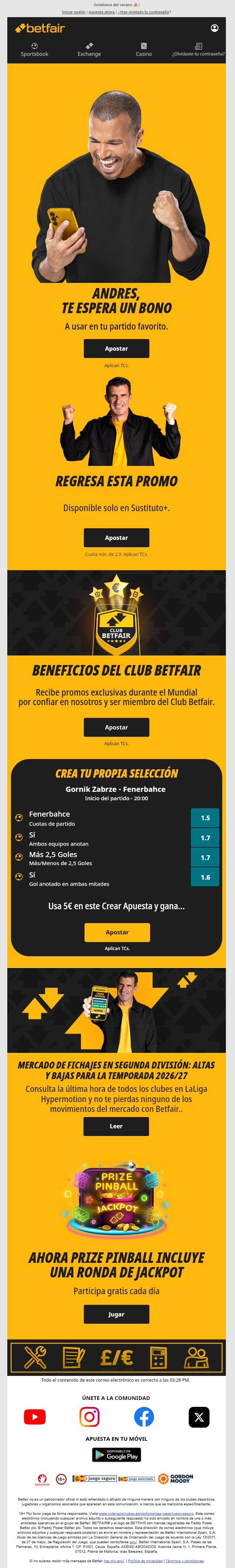 Bonus email with Club Betfair benefits, bet builder card, transfer market blog and Prize Pinball