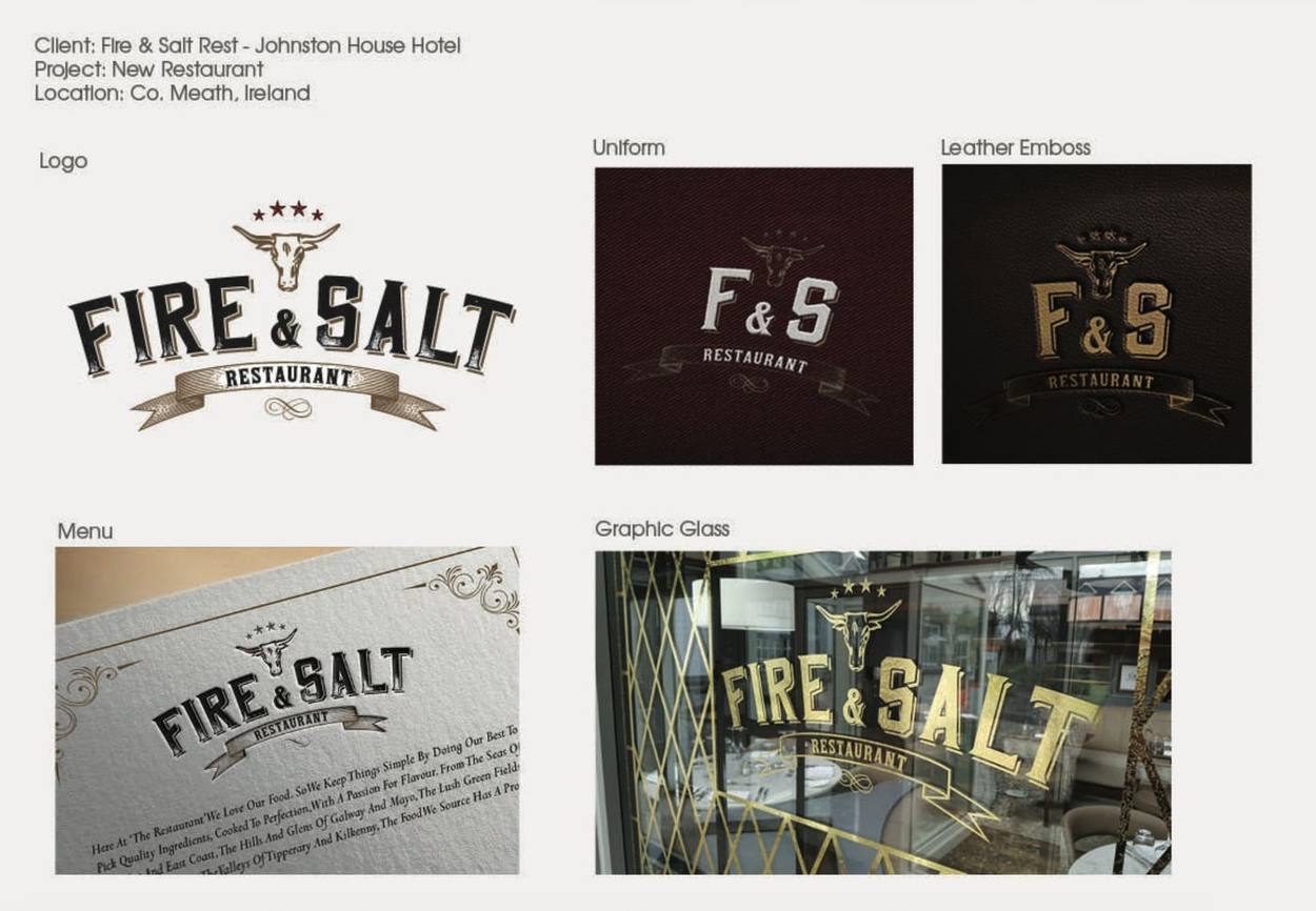 Fire and Salt logo, uniform, leather emboss, menu and graphic glass