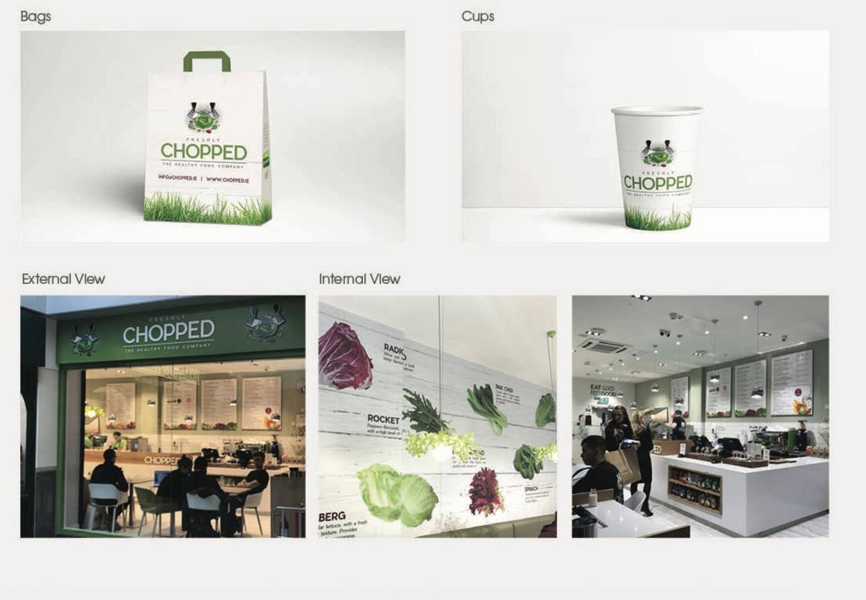 Freshly Chopped bags, cups, shopfront and interior