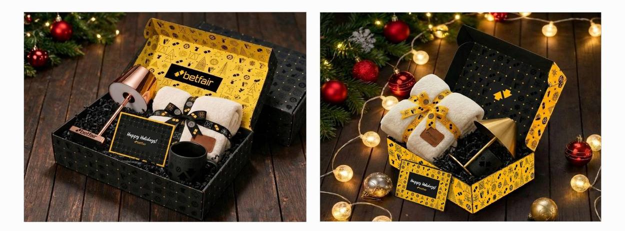 Full Christmas hamper with box, lamp, throw, mug and card