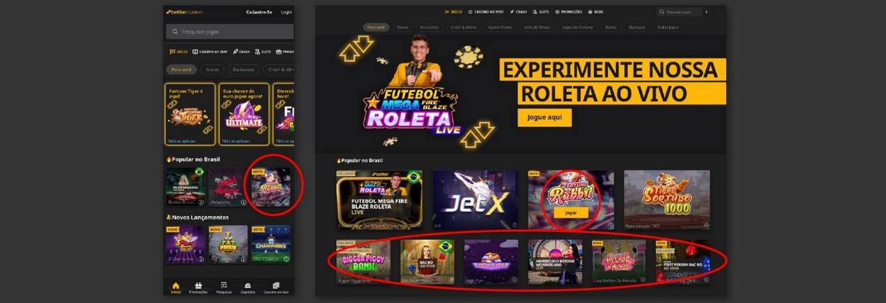 Game tiles highlighted in the Brazilian casino lobby, mobile and desktop