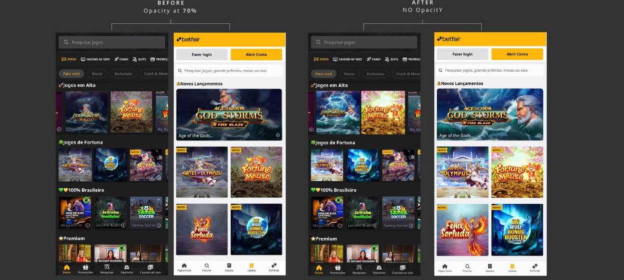 Mobile lobby before with 70% opacity and after with no opacity