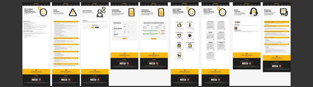 Nine page layouts of the responsible gambling site: warning signs, self-assessment, budget calculator, tools, help
