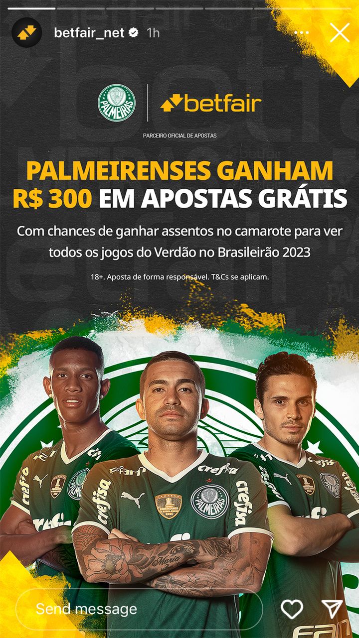 Palmeiras and Betfair Instagram story, dark version with the men’s team