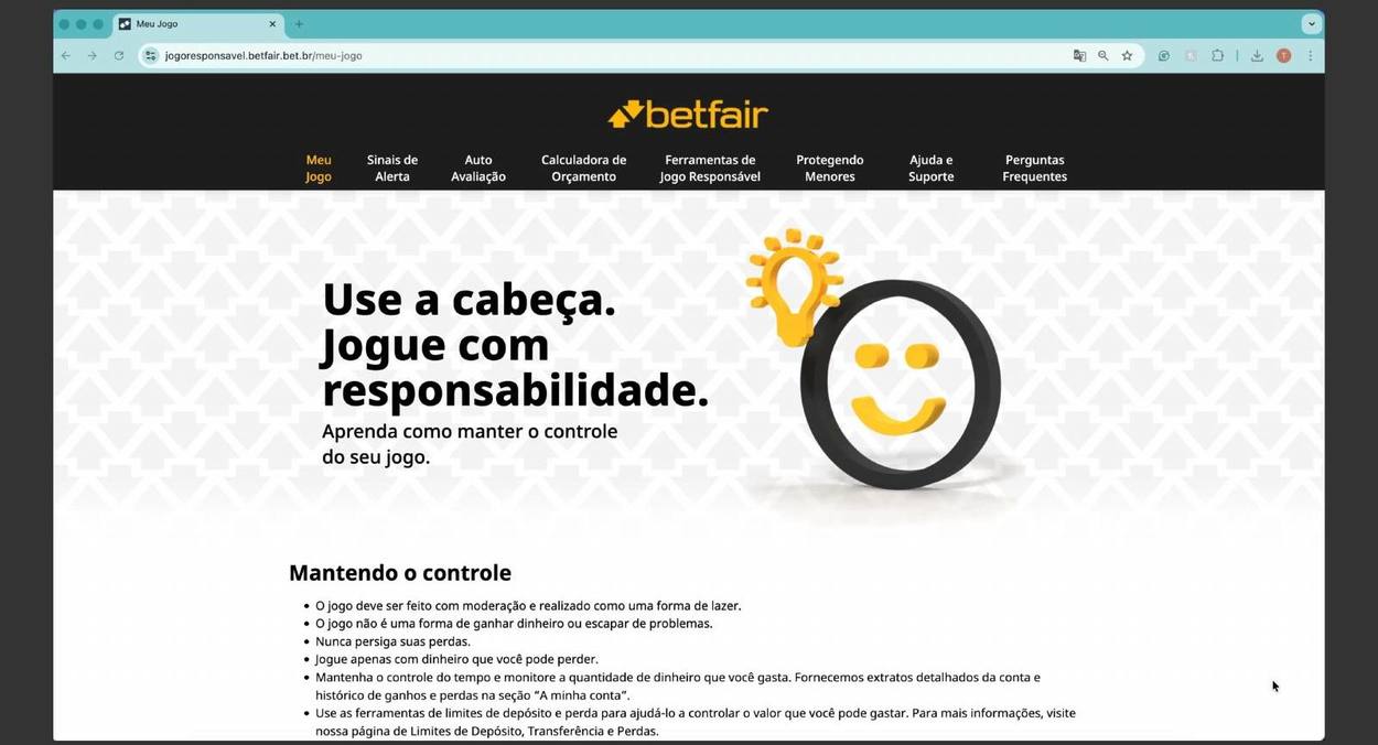 Responsible gambling page for Betfair Brazil in a browser