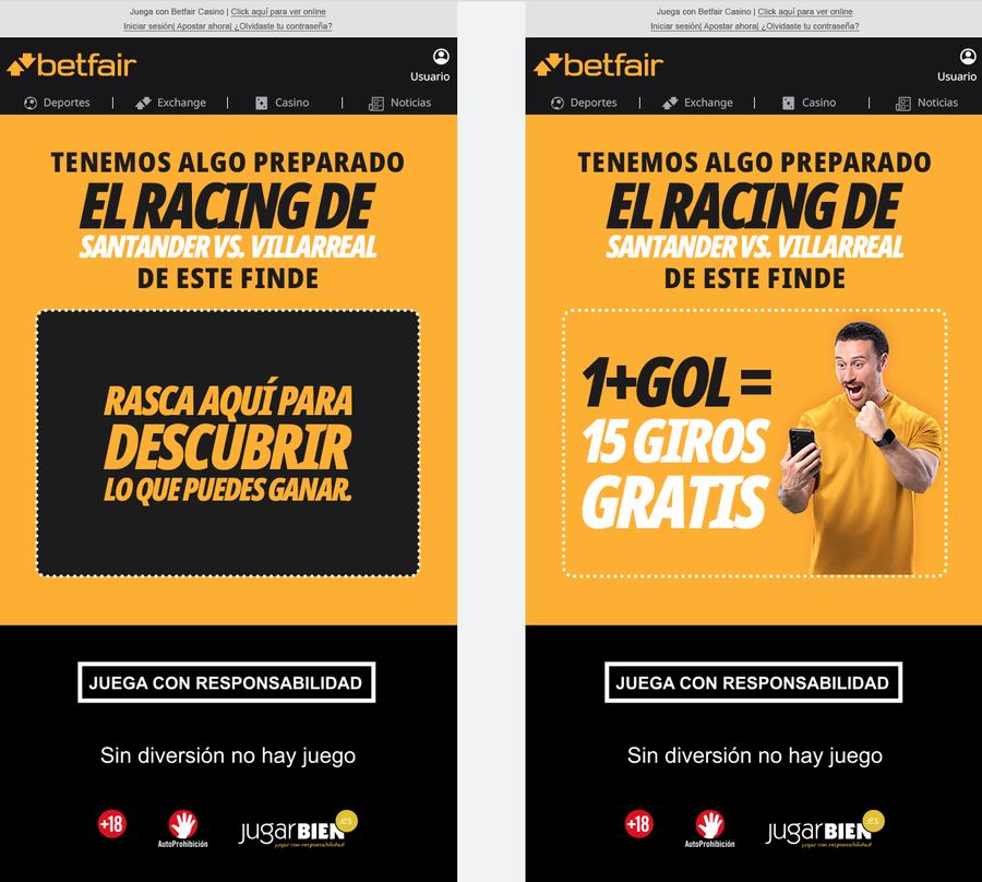 Scratch-to-reveal email before and after the reveal: 1 goal equals 15 free spins